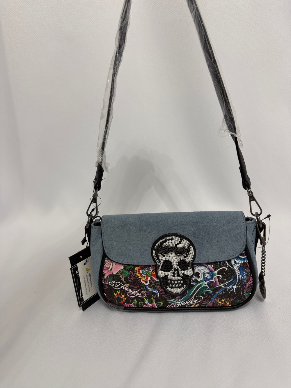 Ed Hardy Blue Floral Skull Shoulder/Crossbody Bag